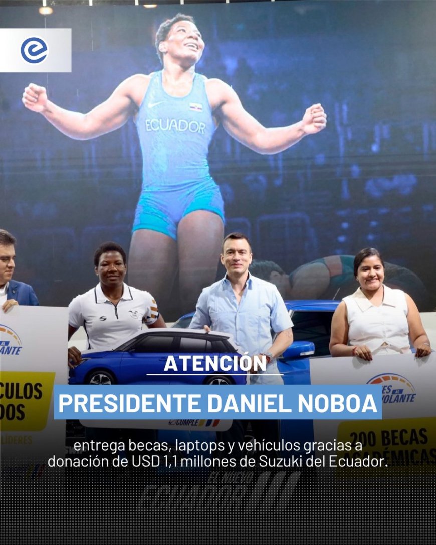 🔵 El presidente Daniel Noboa participó en la entrega de 200 becas completas, 200 laptops y 10 vehículos Suzuki Swift, fruto de una donación de USD 1,1 millones de Suzuki del Ecuador, en coordinación con el Gobierno Nacional.