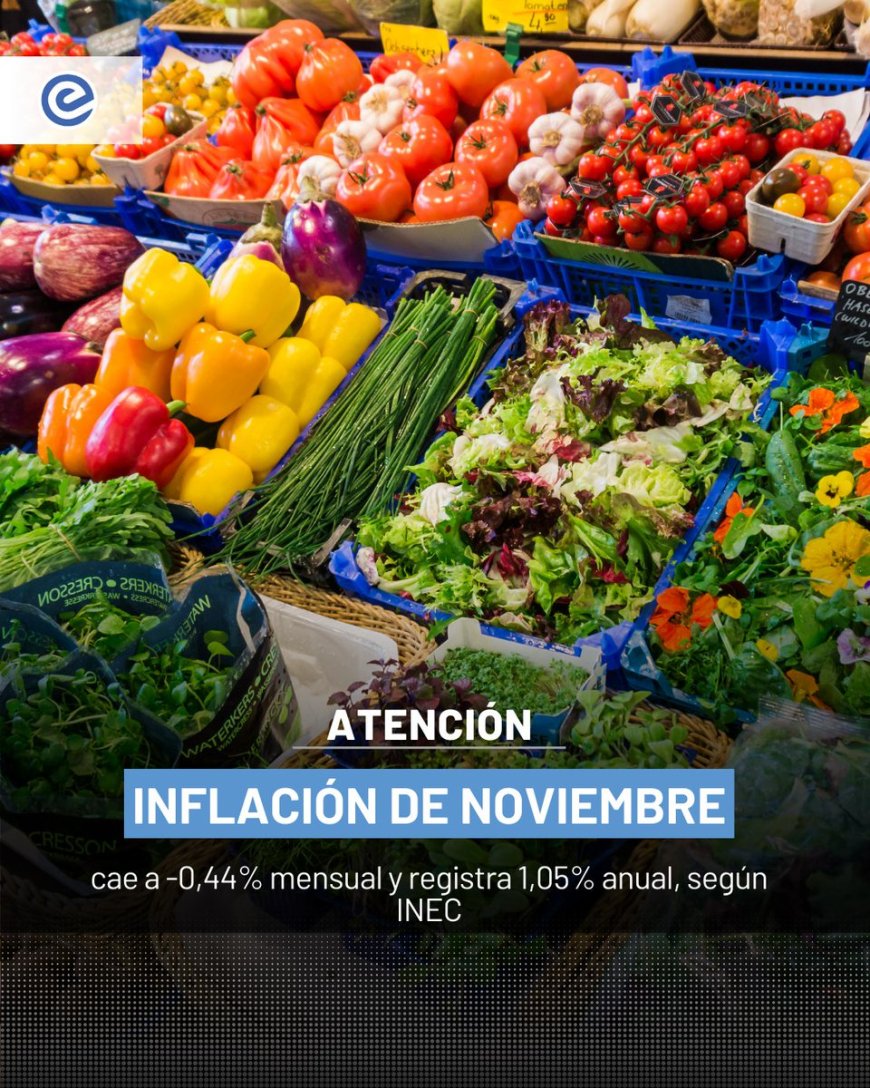 🔵 El INEC reportó que la inflación mensual de noviembre 2025 fue de -0,44%, mientras que la anual se ubicó en 1,05%, por debajo del 1,51% registrado en noviembre de 2024.