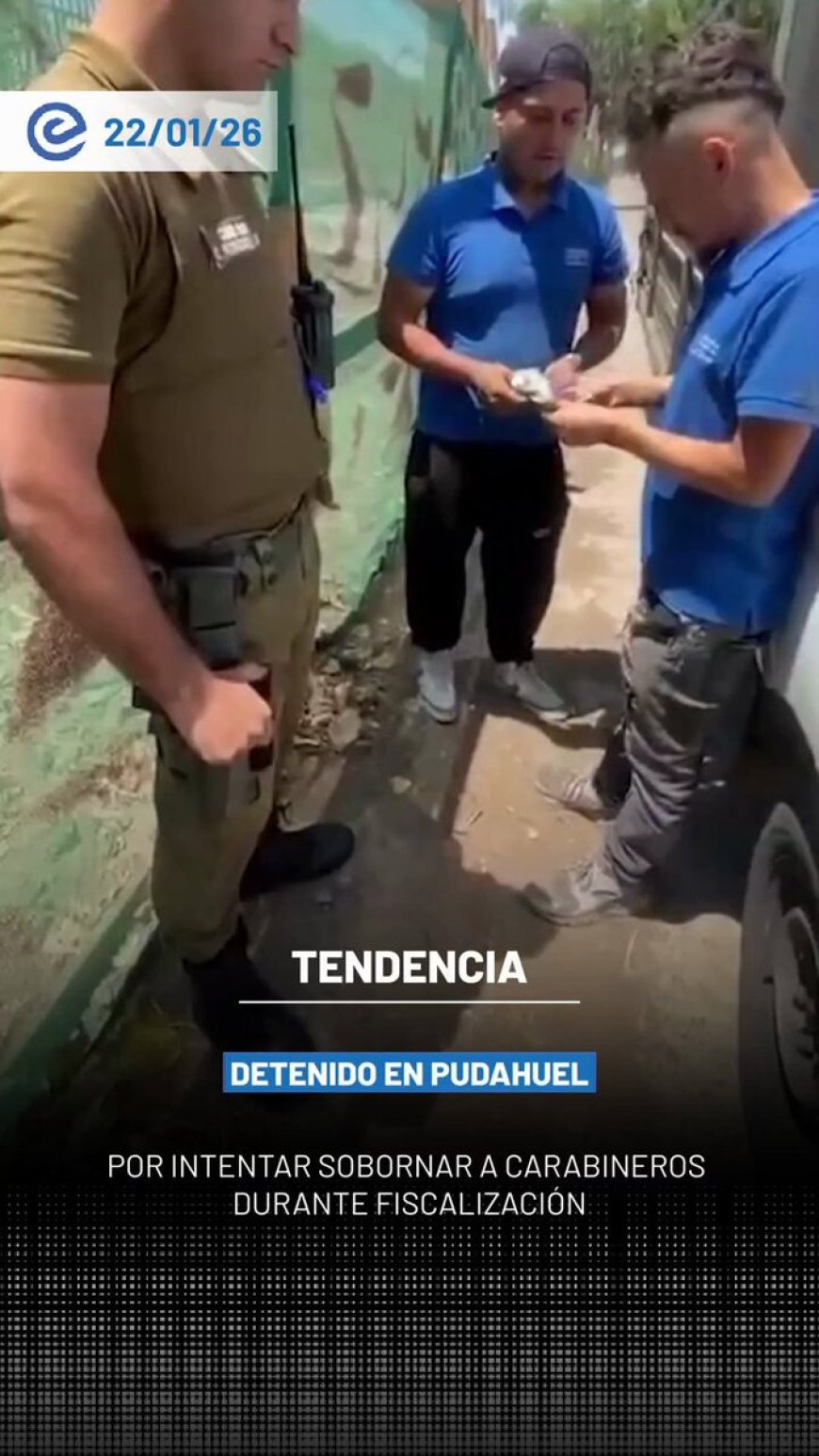 🔵 Un sujeto fue detenido por el delito de cohecho a Carabineros en la comuna de Pudahuel, luego de intentar sobornar a un funcionario durante una fiscalización vehicular.