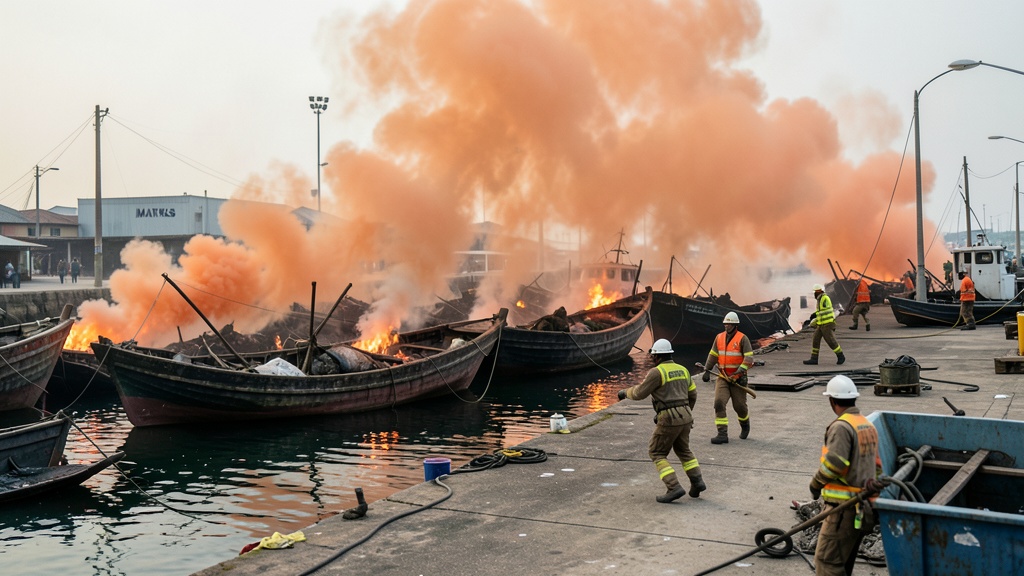 Gran incendio consume más de 20 embarcaciones en el Puerto Pesquero Industrial de Manta
