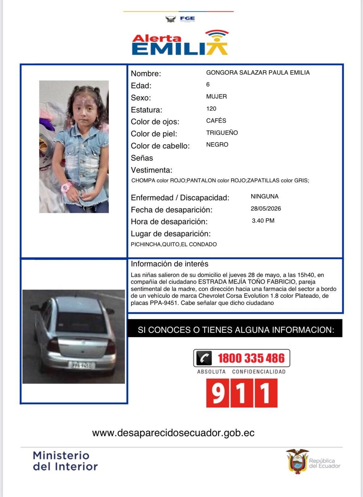 Ministerio del Interior activa alerta Emilia tras desaparición de dos niñas en Ecuador