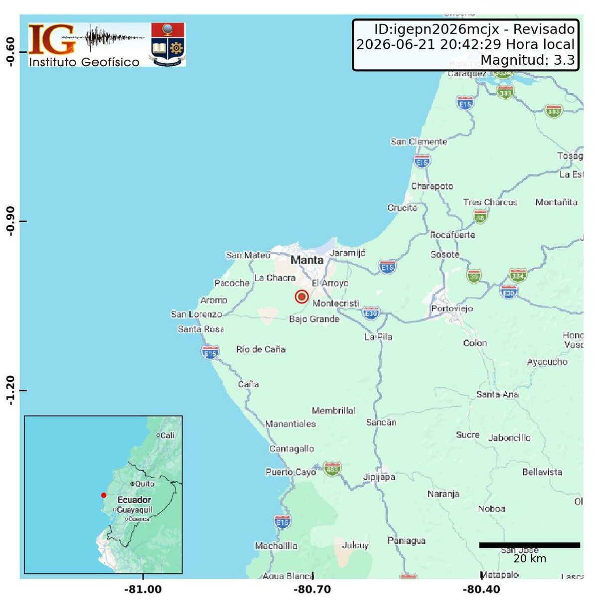 Sismo de magnitud 3,3 sacude la provincia de Manabí sin generar alertas rojas
