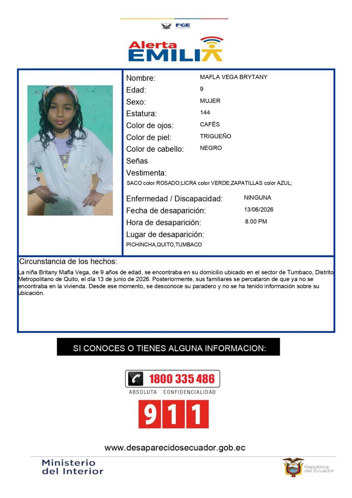 Quito activa alerta Emilia por desaparición de menor de nueve años en el norte de la ciudad