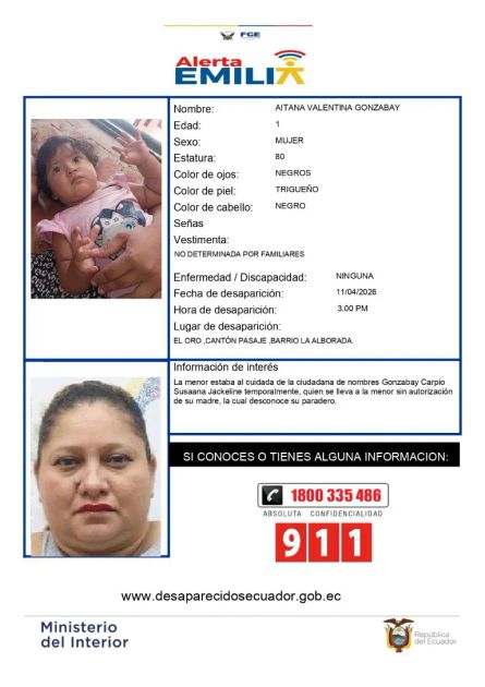 Gobierno activa Alerta Emilia en El Oro para buscar a la bebé Aitana Gonzabay desaparecida en Pasaje