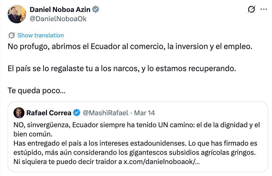 Daniel Noboa responde a Rafael Correa: 'El país se lo regalaste a los narcos y lo estamos recuperando'