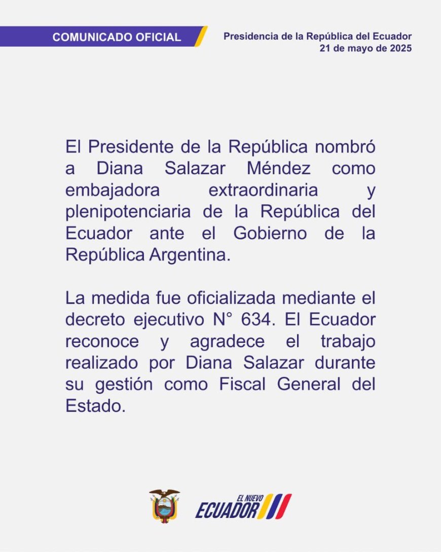 Diana Salazar nombrada embajadora de Ecuador en Argentina