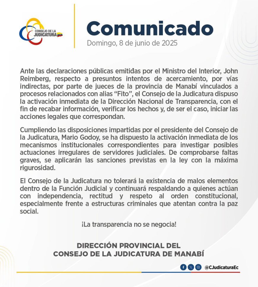 Comunicado de la Dirección Provincial del Consejo de la Judicatura de Manabí sobre declaraciones del Ministro del Interior