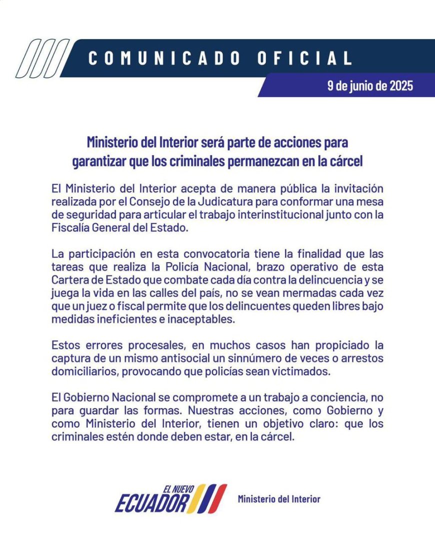 Ministerio del Interior refuerza seguridad para evitar liberación de delincuentes por fallas procesales