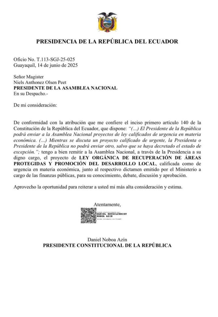 Noboa remite proyecto económico urgente a la Asamblea para áreas protegidas