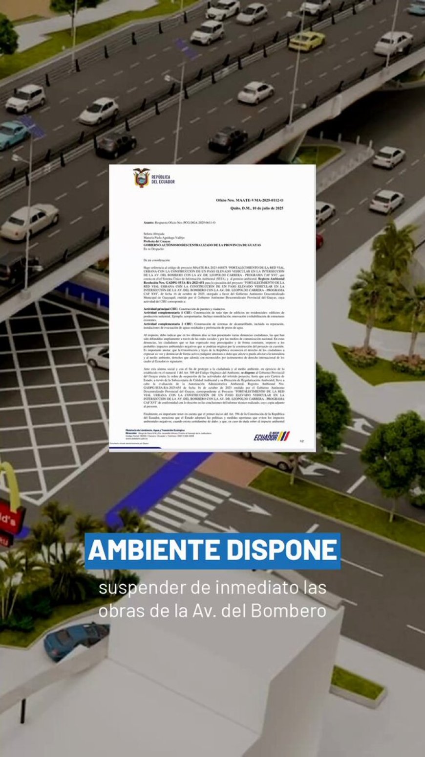 Ministerio de Ambiente suspende obra de Aquiles Alvarez