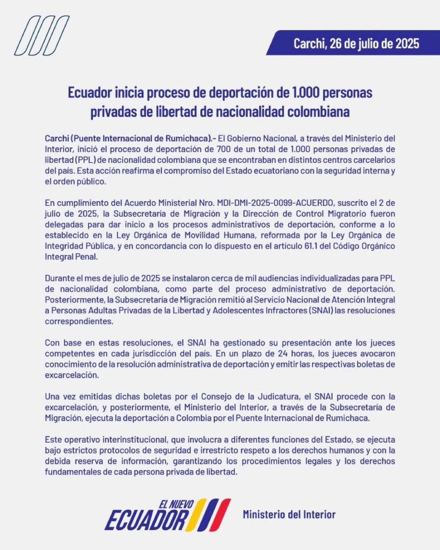 Ecuador inicia deportación de 1.000 presos colombianos