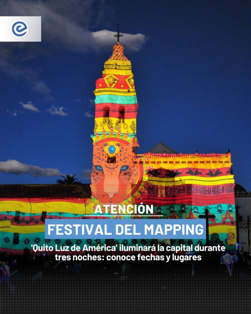 🔵 ¡Quito se ilumina! Del 8 al 10 de agosto, seis íconos del Centro Histórico serán escenario del Festival de Mapping ‘Quito Luz de América’. El Metro operará hasta la medianoche para que nadie se lo pierda. #MappingQuito #QuitoLuzDeAmérica
