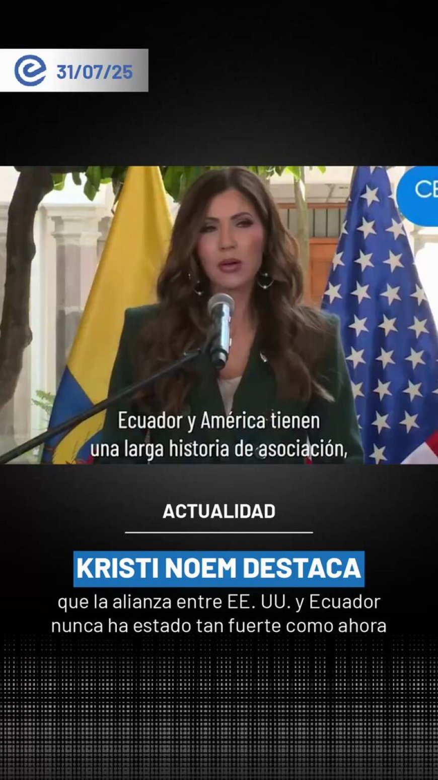 🔵 La secretaria de Seguridad Nacional de EE. UU., Kristi Noem, aseguró que la alianza con Ecuador nunca ha sido tan fuerte como ahora. Así lo afirmó tras reunirse con el presidente Daniel Noboa en Carondelet. #AlianzaEstratégica #EEUU #Ecuador