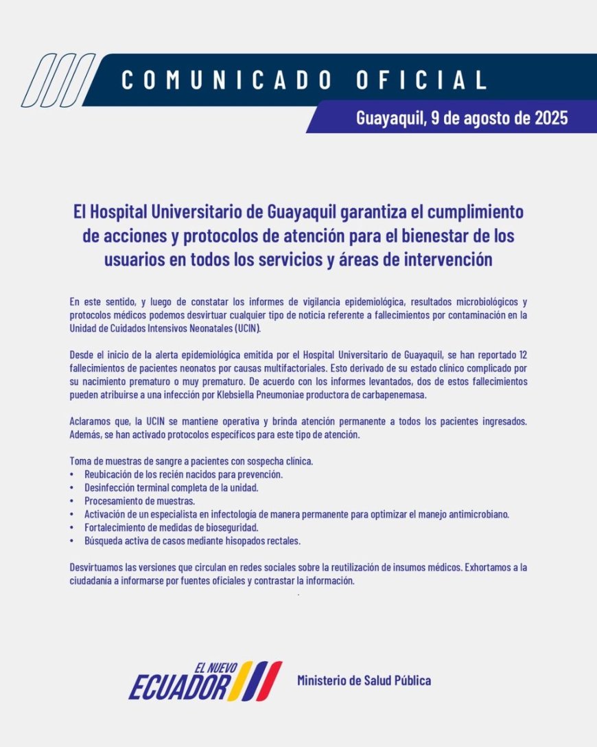Ministro de Salud: "La vida de nuestros niños está por encima de todo y de todos. Ante lo sucedido, en el @HUniversitarioG he solicitado: 1. La renuncia del gerente del hospital. 2. Desplegar un equipo de especialistas en el lugar e iniciar un proceso de investigación sobre el…