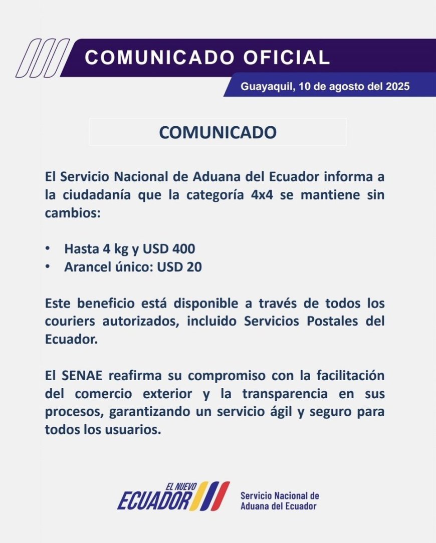El arancel del reciente decreto de gravámen a partir de $2.oo( dos dólares ) es solo para Servicios Postales porque por esa vía se evadía el arancel. Servicio 4x4 se mantiene.