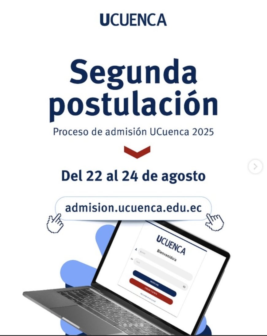 🔵 La Universidad de Cuenca abrió un nuevo proceso de postulación con cerca de 500 cupos en 34 carreras. Los aspirantes podrán aplicar del 22 al 24 de agosto con el puntaje obtenido en el examen de admisión.