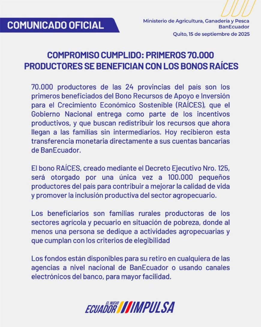 BanEcuador inicia pago del Bono Raíces a 70.000 productores agrícolas
