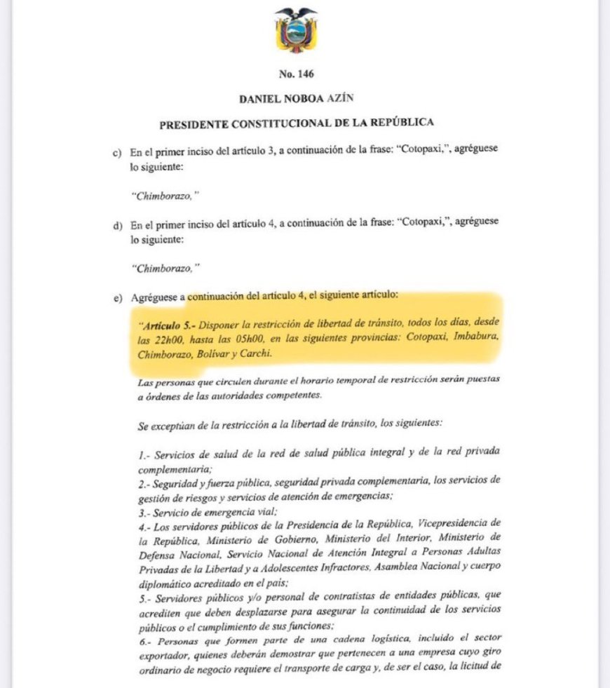 Toque de queda en cinco provincias de Ecuador por decreto presidencial
