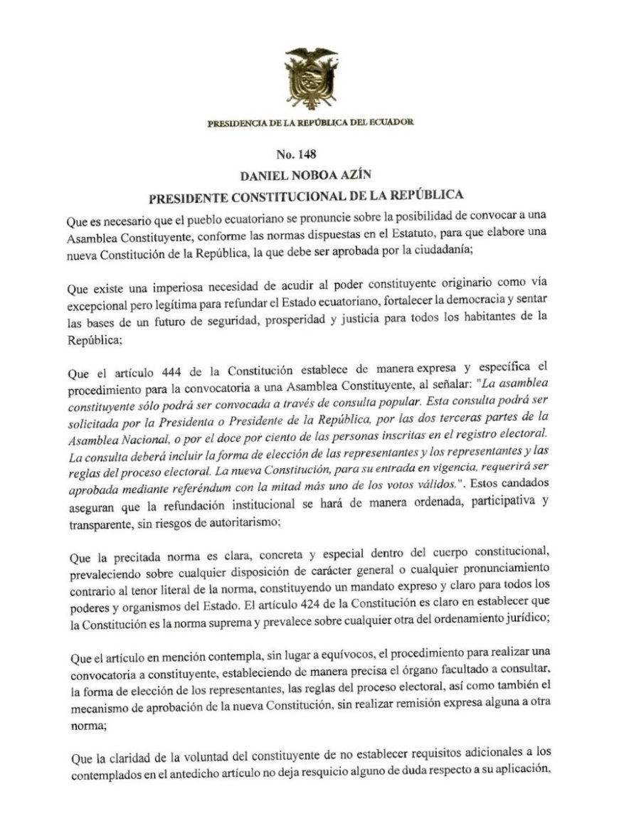 Urgente | Noboa convoca a consulta popular sobre Asamblea Constituyente