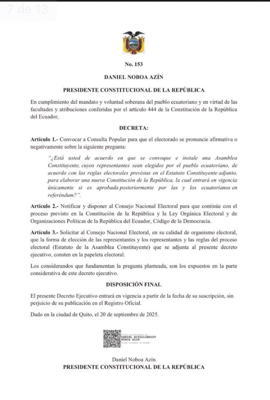 Decreto Ejecutivo 153: Consulta sobre Asamblea Constituyente en manos del CNE