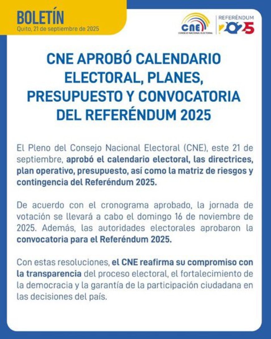 El país regresará a las urnas el 16 de noviembre para el referendo 2025. Este 21 de septiembre, el Consejo Nacional Electoral (CNE) aprobó el calendario.