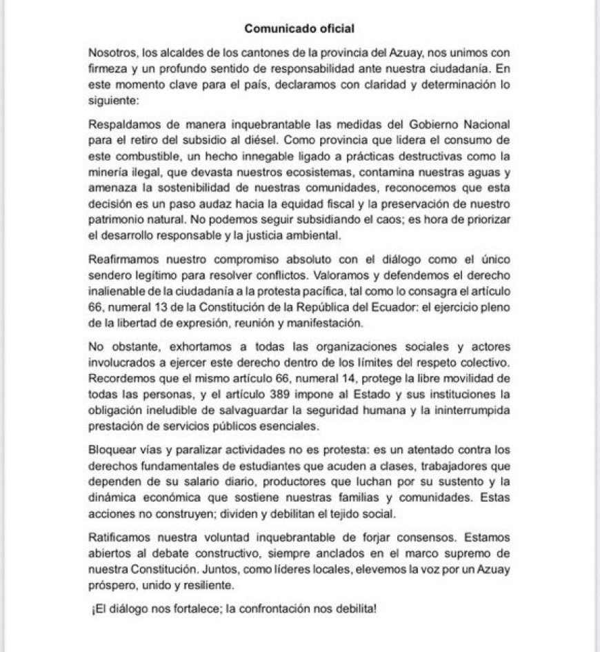 Azuay: 13 alcaldes respaldan retiro del subsidio al diésel