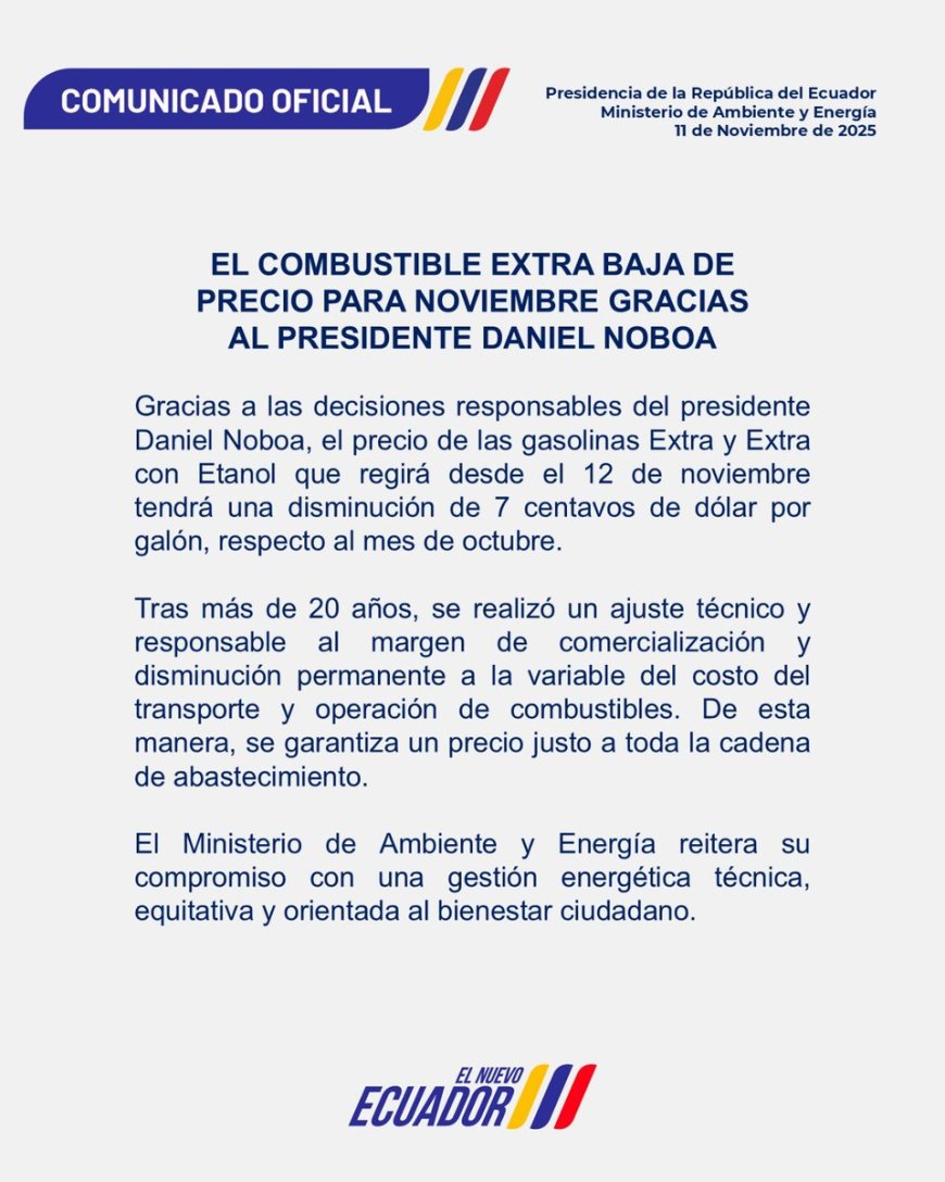 Gasolina Extra baja su precio en Ecuador tras anuncio del Gobierno