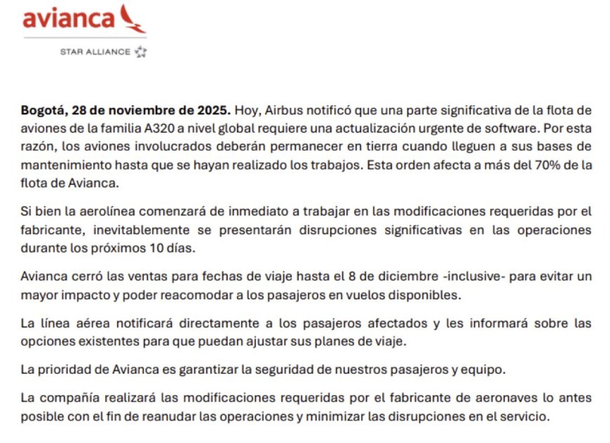 Avianca suspende venta de boletos y cancela vuelos hasta el 8 de diciembre