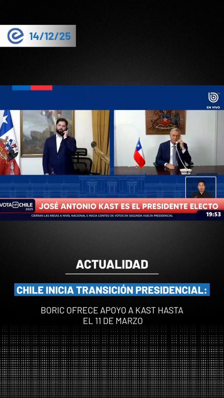 🔵 El presidente de Chile, Gabriel Boric, se comunicó con José Antonio Kast tras su victoria en la segunda vuelta, cumpliendo con el protocolo democrático de reconocimiento al presidente electo.