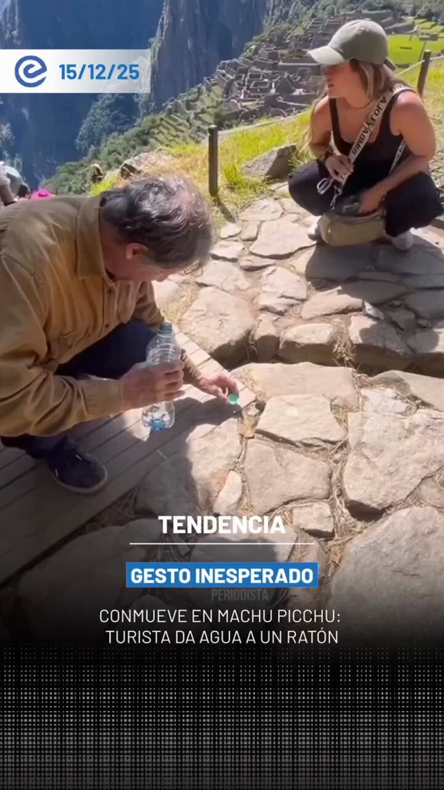🔵 Un hombre se volvió viral tras ser captado dándole de beber agua a un ratón sediento en Machu Picchu, una de las Siete Maravillas del Mundo Moderno, en un gesto que conmovió a usuarios en redes sociales.