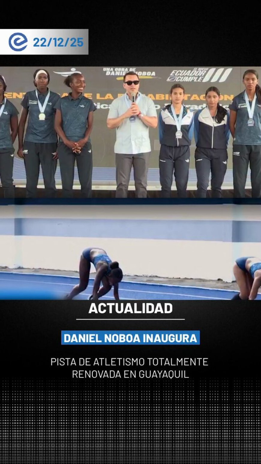 🔵 Con una nueva pista sintética y mejoras en infraestructura, el presidente Daniel Noboa, entregó la pista de atletismo Emilio Estrada Icaza, una obra que beneficiará a entre 5.000 y 7.000 usuarios en Guayaquil.
