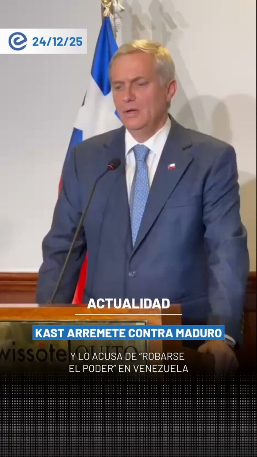 🔵 El presidente electo de Chile, José Antonio Kast, se refirió a la situación en Venezuela y afirmó que “alguien se robó el poder y violentó la democracia”. Además, pidió que Nicolás Maduro reconozca su derrota y entregue el poder conforme a lo que denominó el mandato del pueblo venezolano.