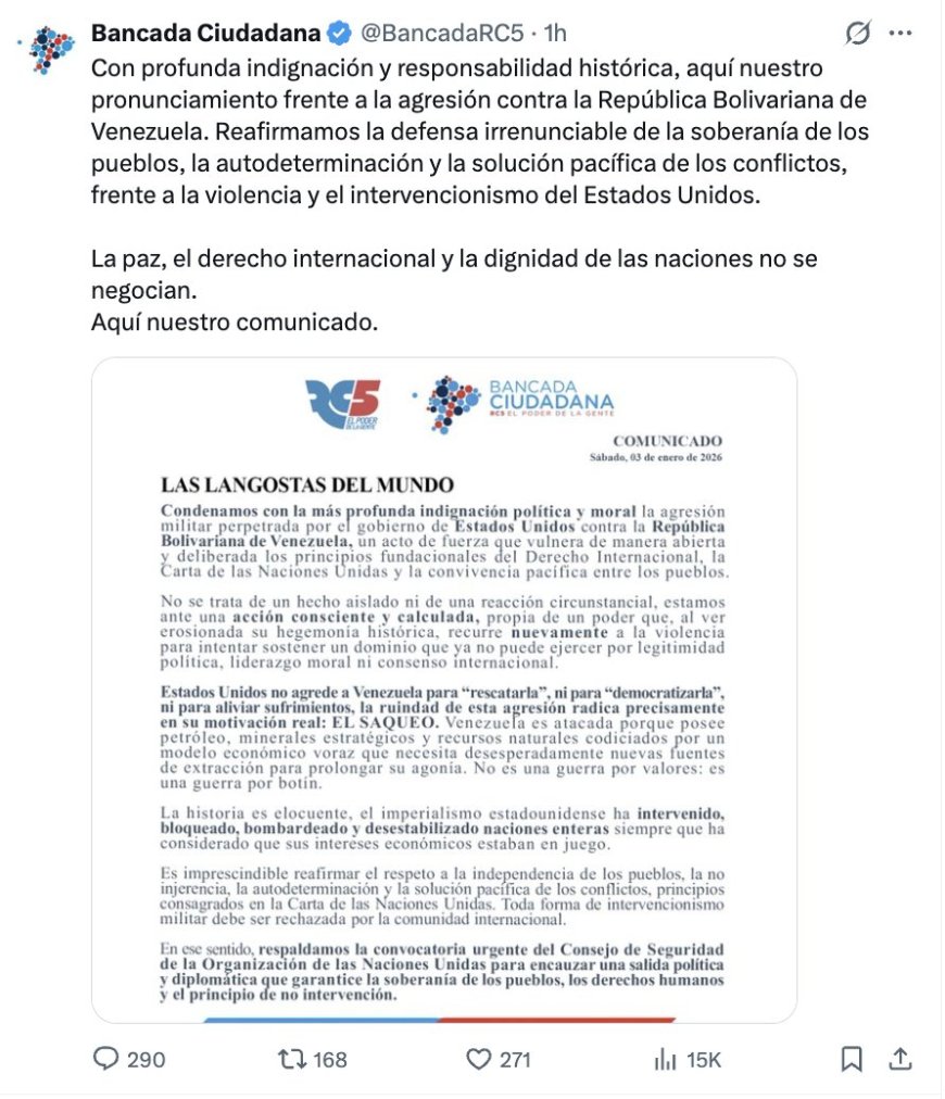 Bancada de la RC5 se pronuncia en contra de incursion de EEUU en venezuela y a favor de Nicolas Maduro