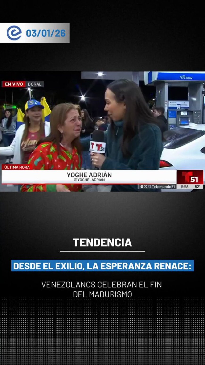 🔵 Emotivas reacciones se registraron en el exilio venezolano tras el anuncio de la captura de Nicolás Maduro. Durante la madrugada del sábado, venezolanos se congregaron en El Arepazo, en Doral, para celebrar la noticia.