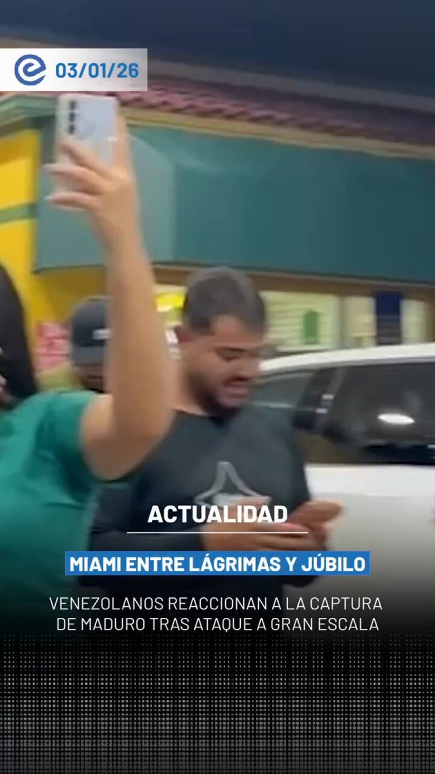 🔵 Venezolanos en Miami reaccionaron a la captura de Nicolás Maduro tras lo que fue descrito como un “ataque a gran escala”. Entre lágrimas, una mujer con ocho años en Estados Unidos expresó: “Tantos años de esperar esto”.