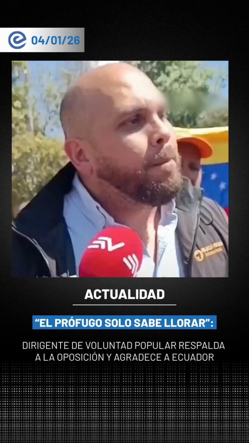 🔵 Luis Magallanes, dirigente de Voluntad Popular, agradeció públicamente el respaldo del presidente Daniel Noboa, durante su pronunciamiento en Quito sobre la situación en Venezuela.