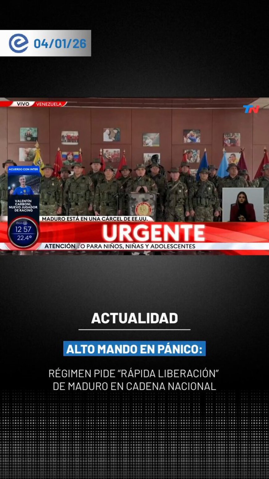 🔵 En cadena nacional, el ministro de Defensa, Vladimir Padrino López, exigió la “rápida liberación” de Nicolás Maduro y su esposa, Cilia Flores y afirmó que el dictador se encuentra “secuestrado”.