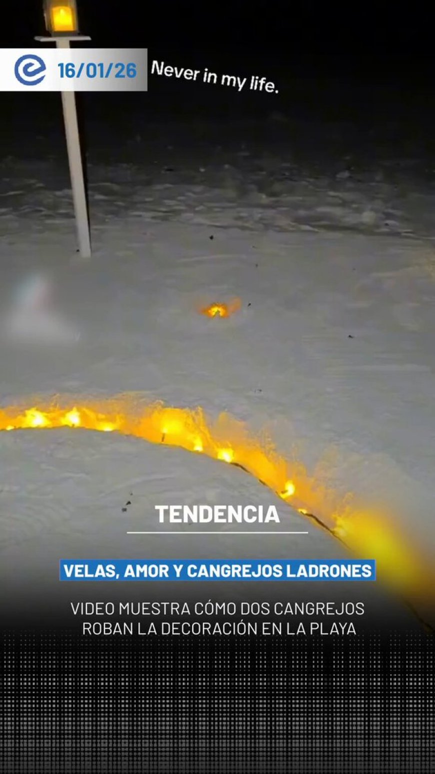 🔵 Un video viral captó cómo una cita romántica en la playa terminó en comedia cuando dos cangrejos se llevaron las velas eléctricas que decoraban el lugar.