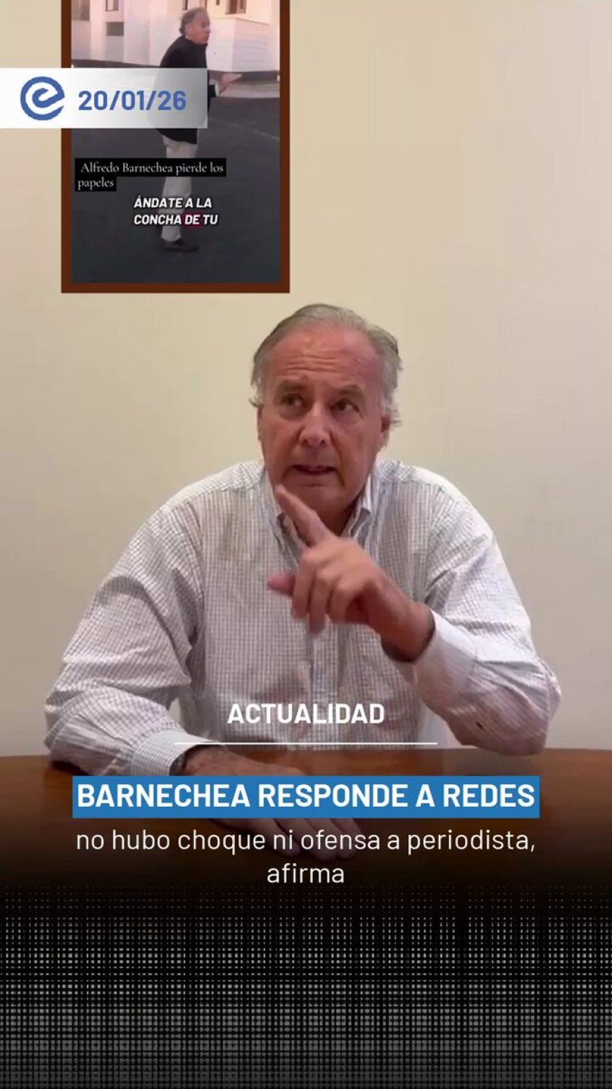 🔵 Alfredo Barnechea desmintió un video difundido en redes sociales en el que supuestamente se lo ve insultando a un periodista tras un accidente de tránsito. El político aseguró que el material es falso y explicó que en realidad se encontraba enfrentando a mafias dedicadas a la usurpación e invasión de terrenos en Trujillo, Perú.